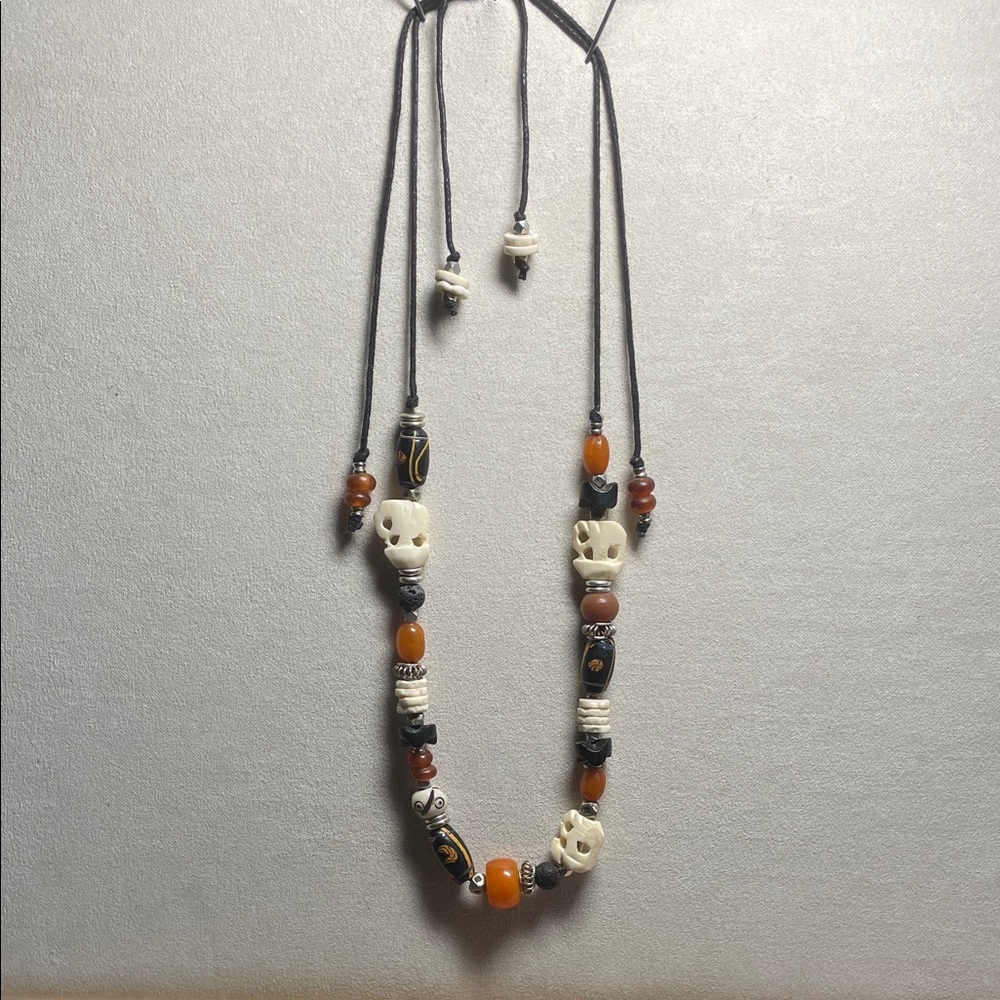 Boho Carved Bone & Amber Bead Necklace - Orange, Black, Cream